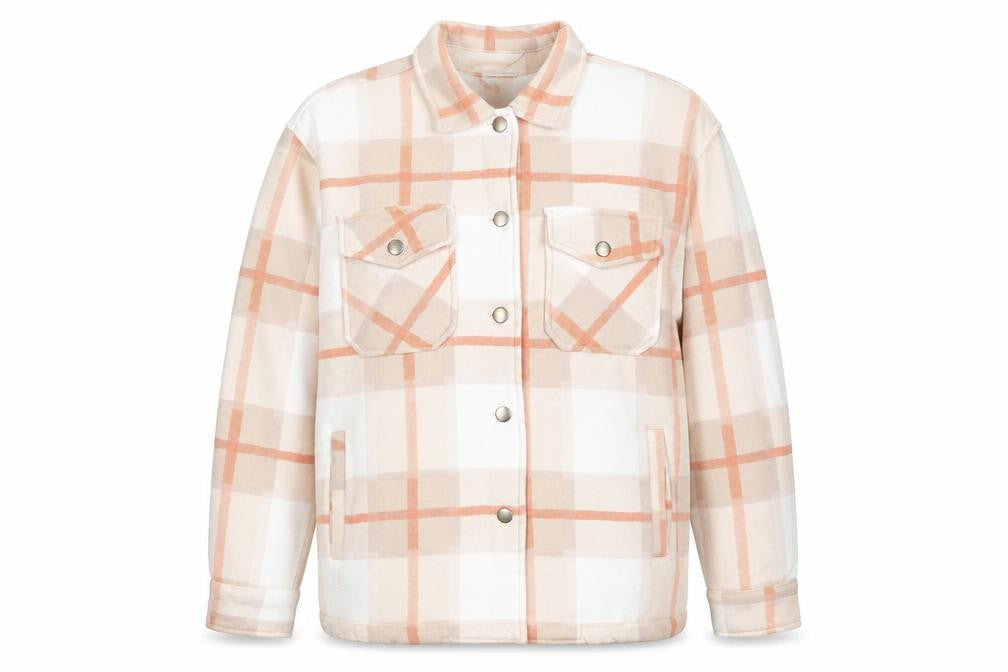 Front view of Boohoo Women Beige Checked Shacket Jacket M Long Sleeve Casual