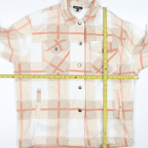 Boohoo Women Beige Checked Shacket Jacket M Long Sleeve Casual