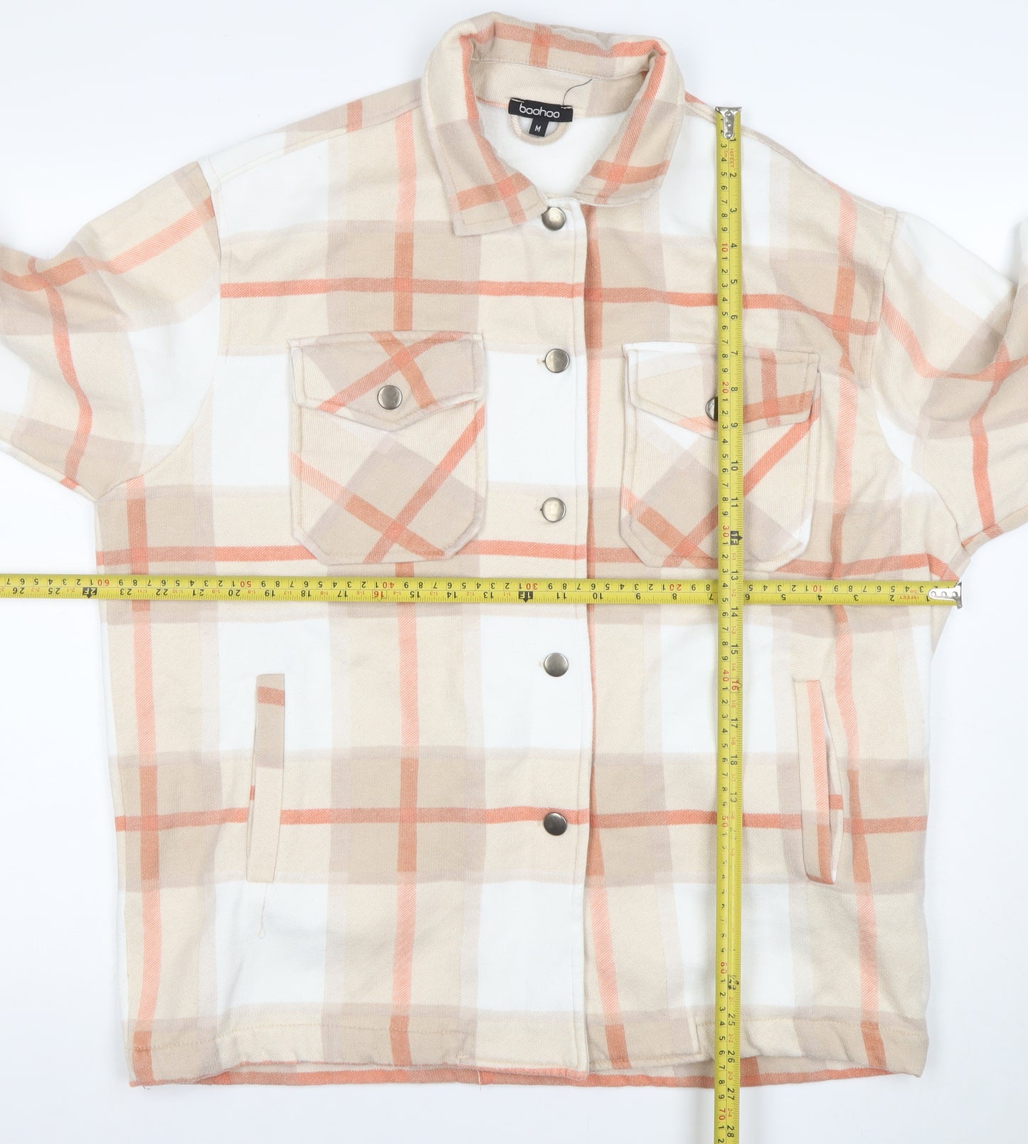 Boohoo Women Beige Checked Shacket Jacket M Long Sleeve Casual