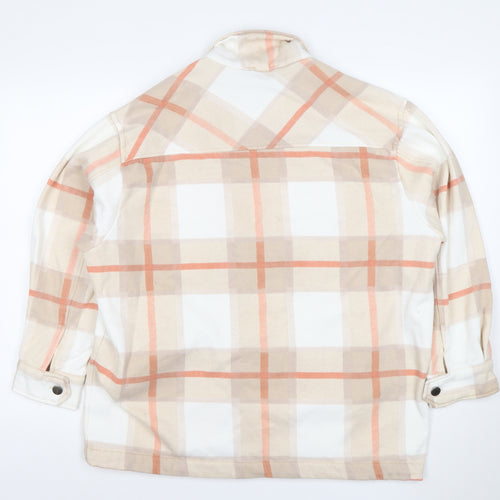 Boohoo Women Beige Checked Shacket Jacket M Long Sleeve Casual