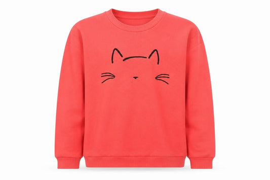 Front view of Mavi Women’s Red Cat Print Pullover Sweatshirt, size S, Cotton Blend