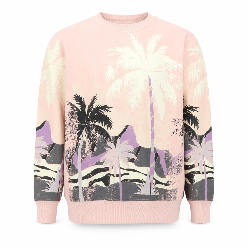 Front view of BAW Clothing Men's Pink Tropical Graphic Pullover Sweatshirt M