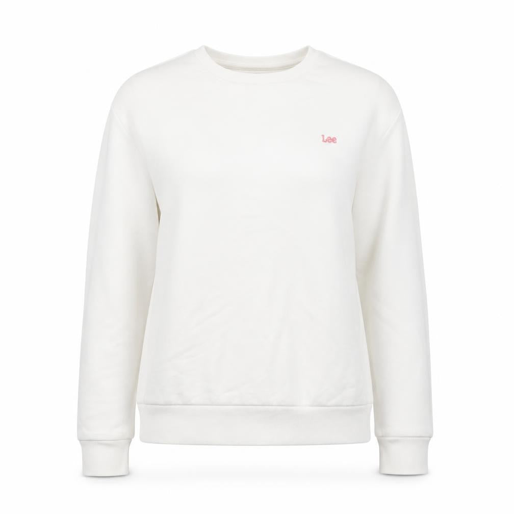 Front view of Lee women’s white regular fit cotton crew neck sweatshirt, size S