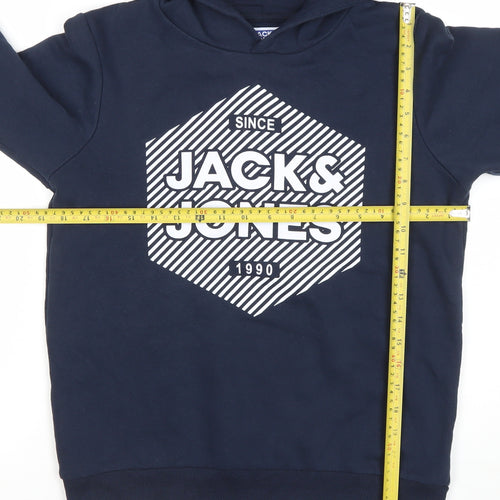 Jack & Jones Boys Navy Pullover Hoodie Size 164 Logo Print Cotton Blend