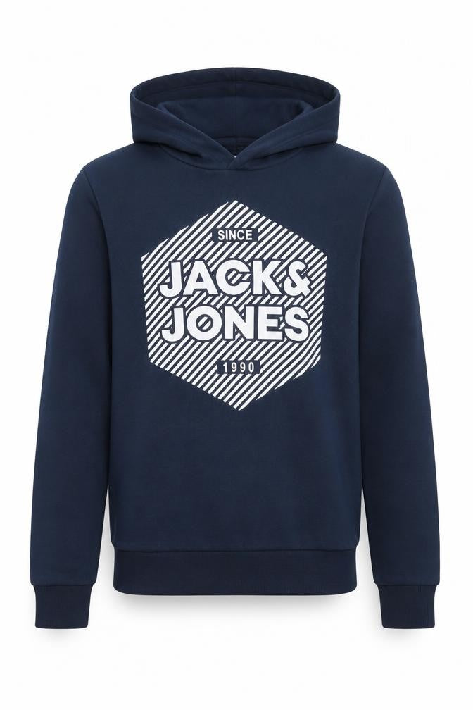 Front view of Jack & Jones boys’ navy pullover hoodie, size 164, logo print cotton blend
