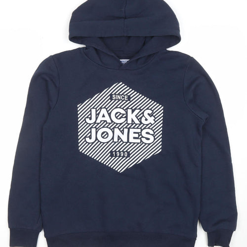Jack & Jones Boys Navy Pullover Hoodie Size 164 Logo Print Cotton Blend
