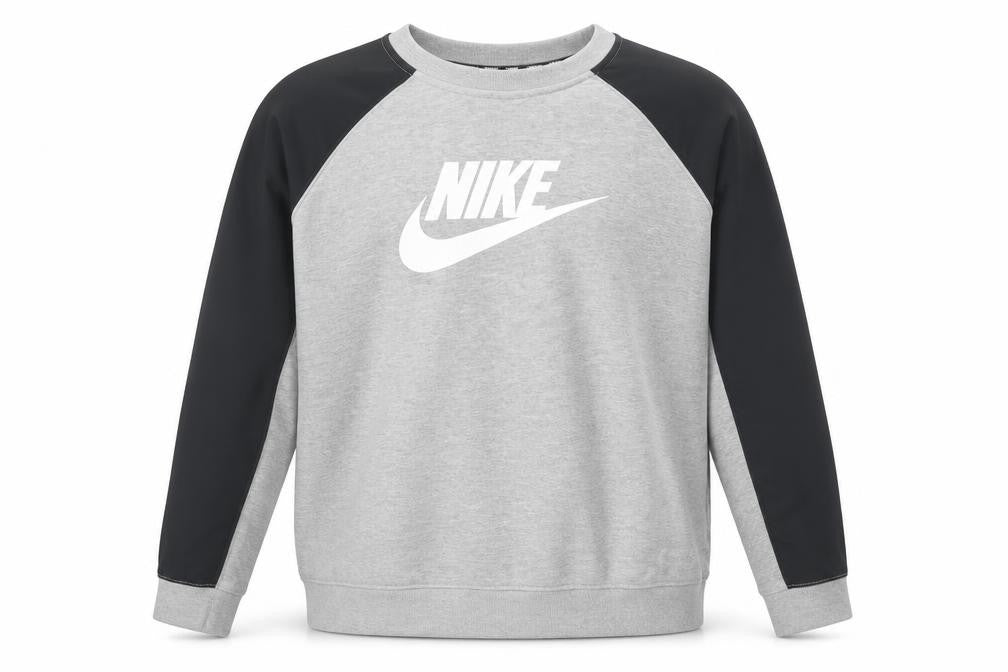 Front view of Nike boys’ grey & black crew neck sweatshirt xl graphic print pullover