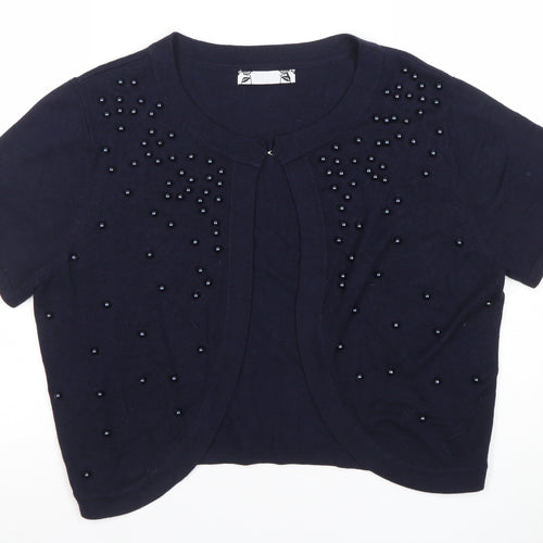 Joanna Hope Womens Blue Beaded Short Sleeve Knit Cardigan Size 14