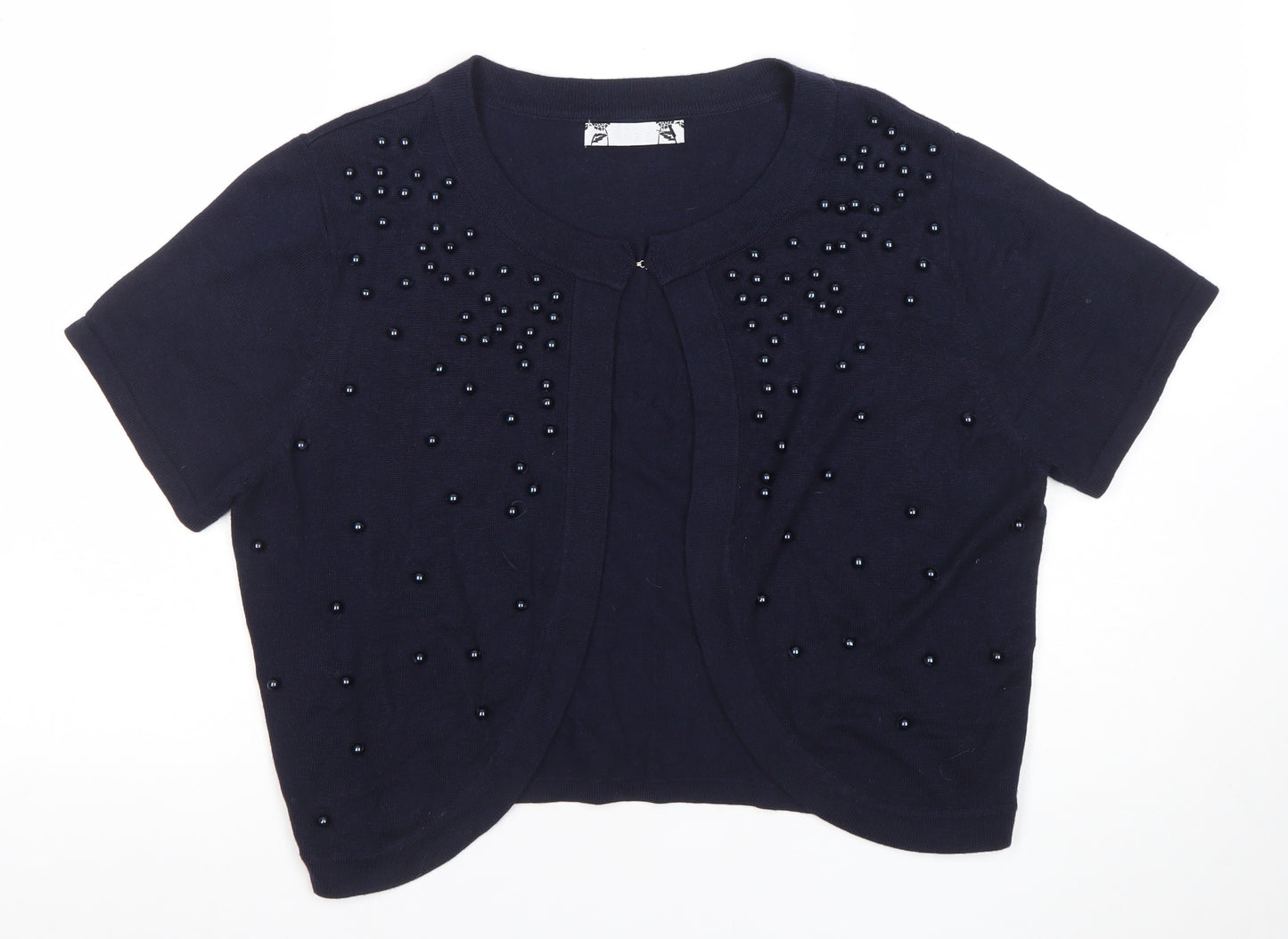Joanna Hope Womens Blue Beaded Short Sleeve Knit Cardigan Size 14