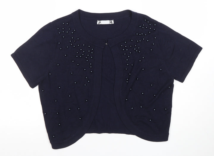 Joanna Hope Womens Blue Beaded Short Sleeve Knit Cardigan Size 14