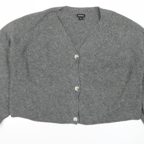Boohoo Women Grey L V-Neck Rib Knit Button Cardigan Jumper