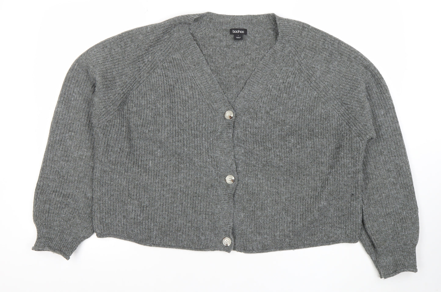 Boohoo Women Grey L V-Neck Rib Knit Button Cardigan Jumper