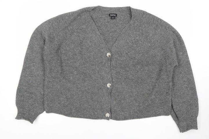 Boohoo Women Grey L V-Neck Rib Knit Button Cardigan Jumper