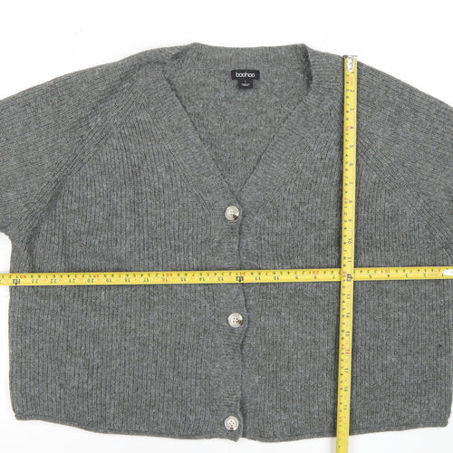 Boohoo Women Grey L V-Neck Rib Knit Button Cardigan Jumper