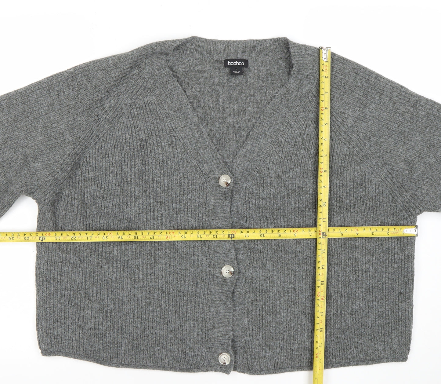 Boohoo Women Grey L V-Neck Rib Knit Button Cardigan Jumper