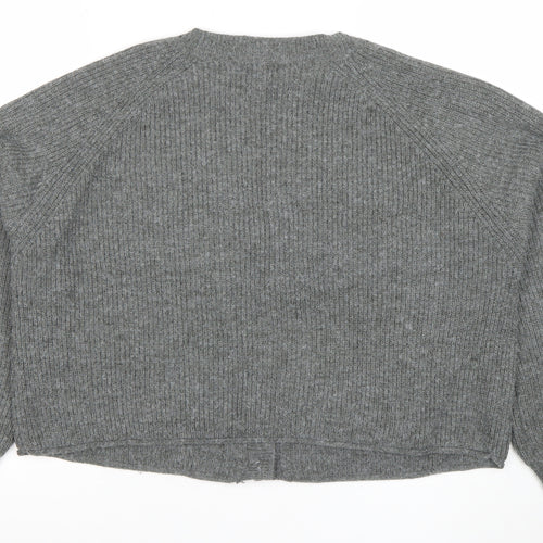 Boohoo Women Grey L V-Neck Rib Knit Button Cardigan Jumper