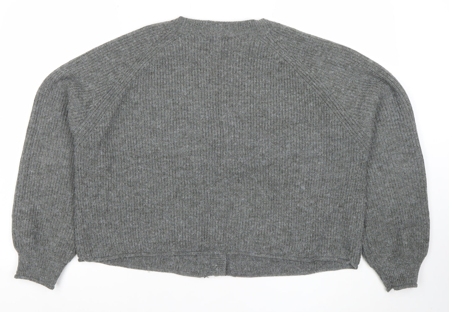 Boohoo Women Grey L V-Neck Rib Knit Button Cardigan Jumper