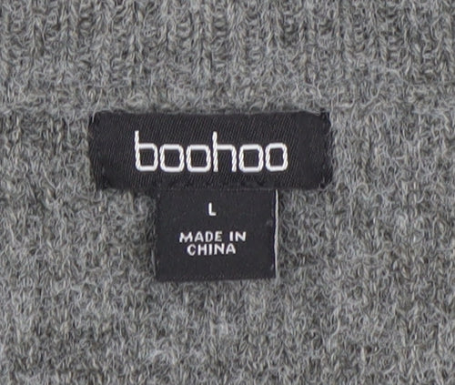 Boohoo Women Grey L V-Neck Rib Knit Button Cardigan Jumper