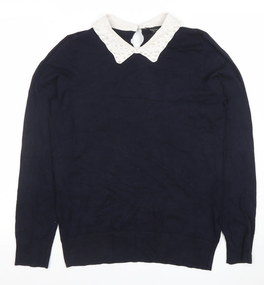 Dorothy Perkins Women's Blue Beaded Collar Knit Blouse Size 10