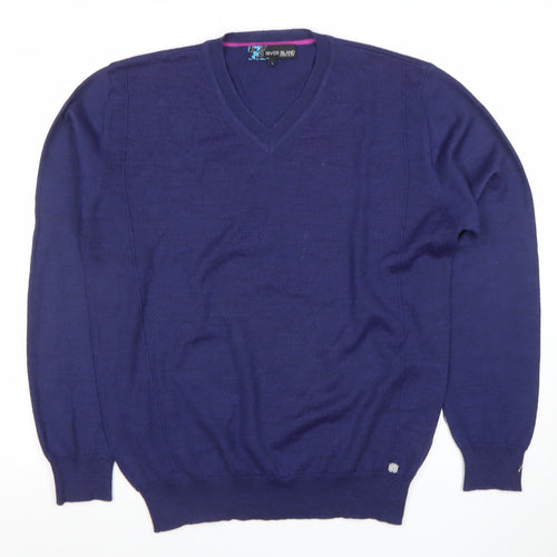 River Island Women's Blue Merino Wool Blend V-Neck Jumper Size L