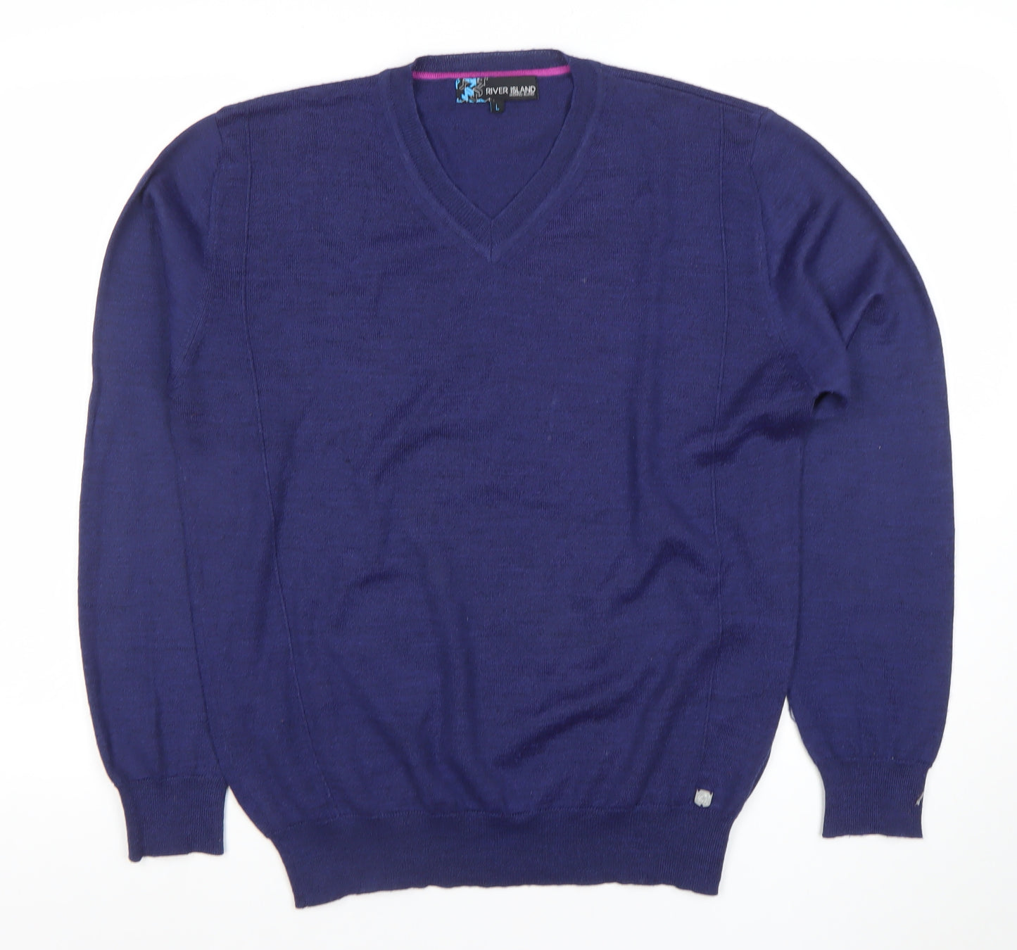 River Island Women's Blue Merino Wool Blend V-Neck Jumper Size L