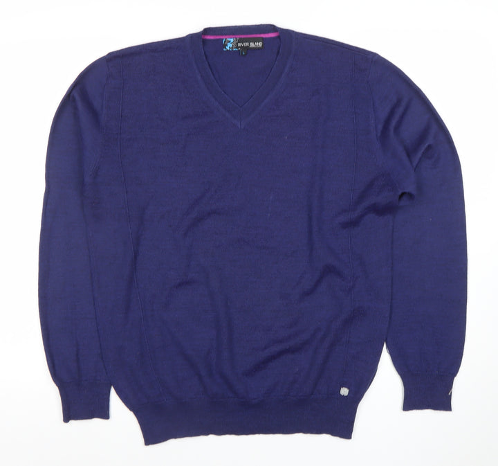 River Island Women's Blue Merino Wool Blend V-Neck Jumper Size L