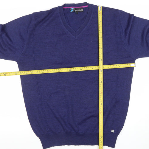 River Island Women's Blue Merino Wool Blend V-Neck Jumper Size L