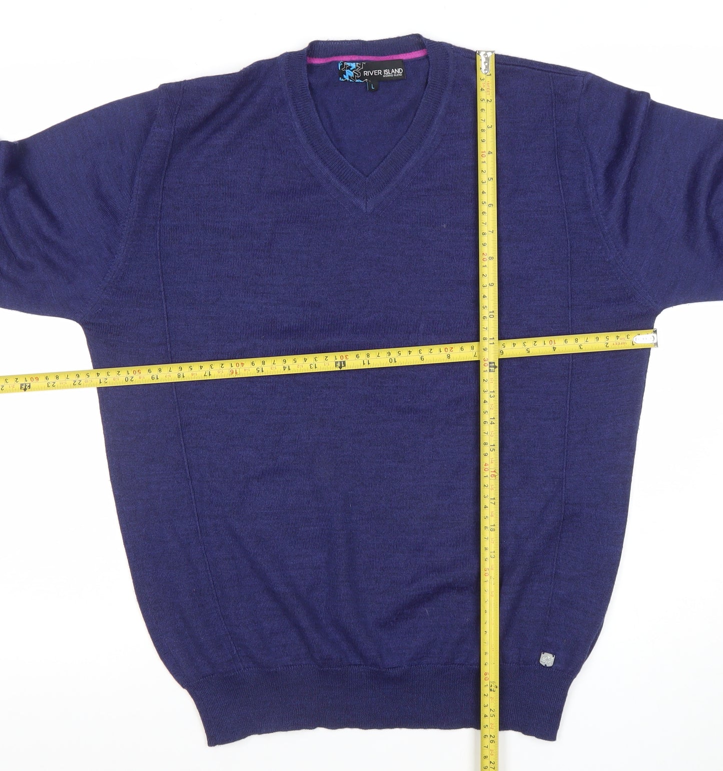 River Island Women's Blue Merino Wool Blend V-Neck Jumper Size L