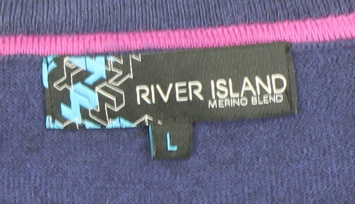 River Island Women's Blue Merino Wool Blend V-Neck Jumper Size L