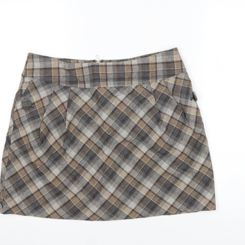 H&M Women Brown Check Wool Blend A-Line Skirt Size 16