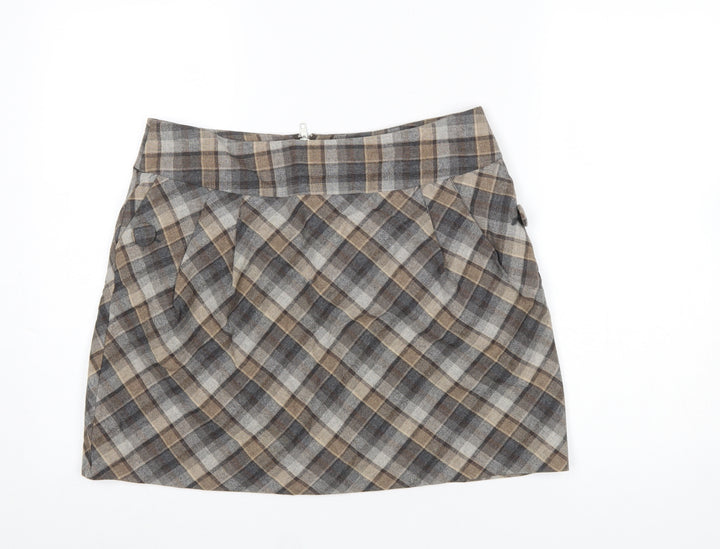 H&M Women Brown Check Wool Blend A-Line Skirt Size 16
