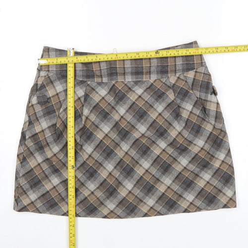 H&M Women Brown Check Wool Blend A-Line Skirt Size 16