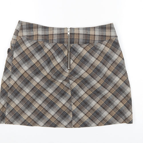 H&M Women Brown Check Wool Blend A-Line Skirt Size 16