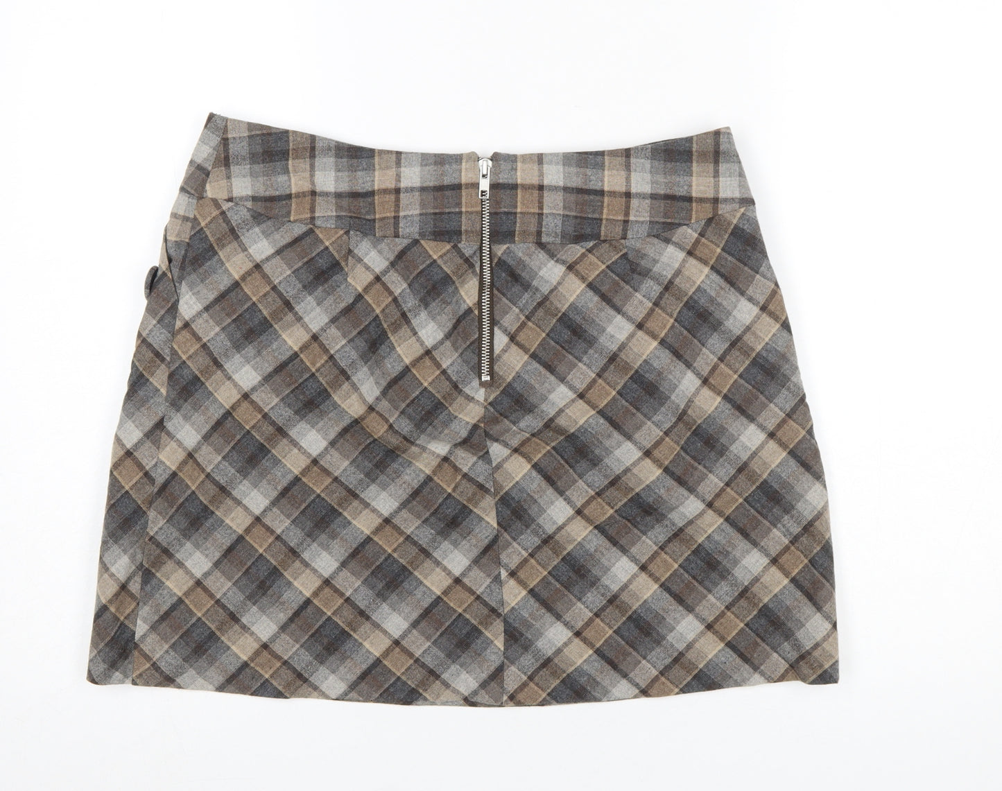 H&M Women Brown Check Wool Blend A-Line Skirt Size 16