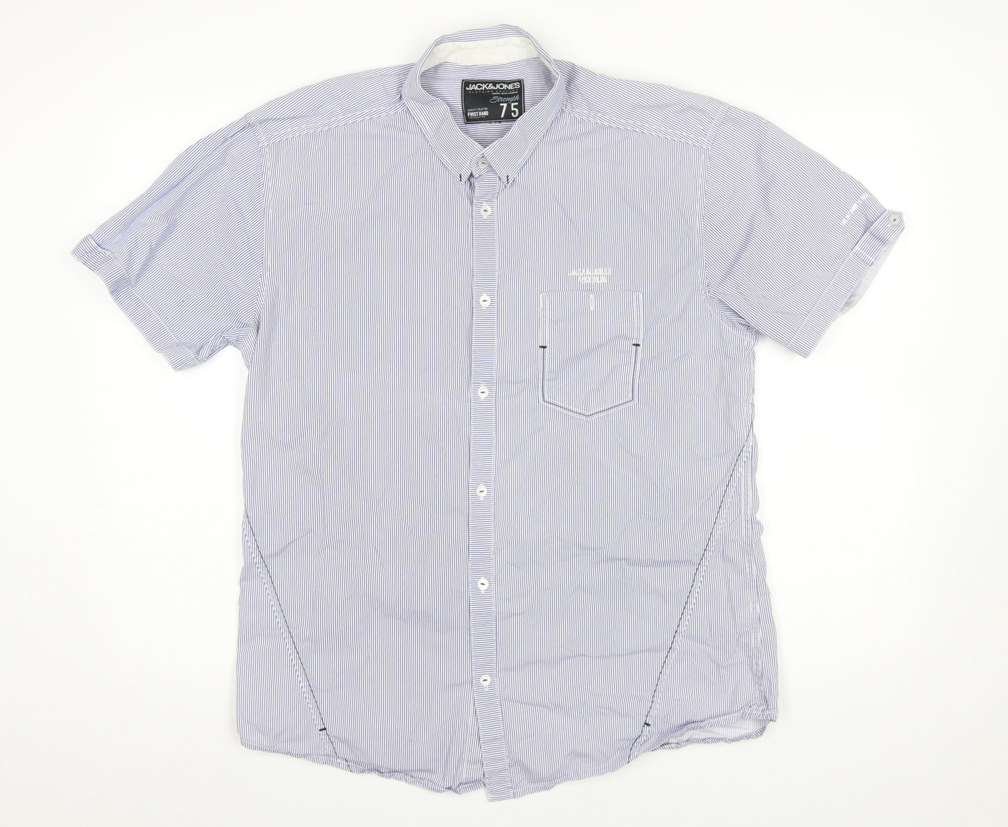 Jack & Jones Men's Blue Striped Short Sleeve Button-Up Shirt M