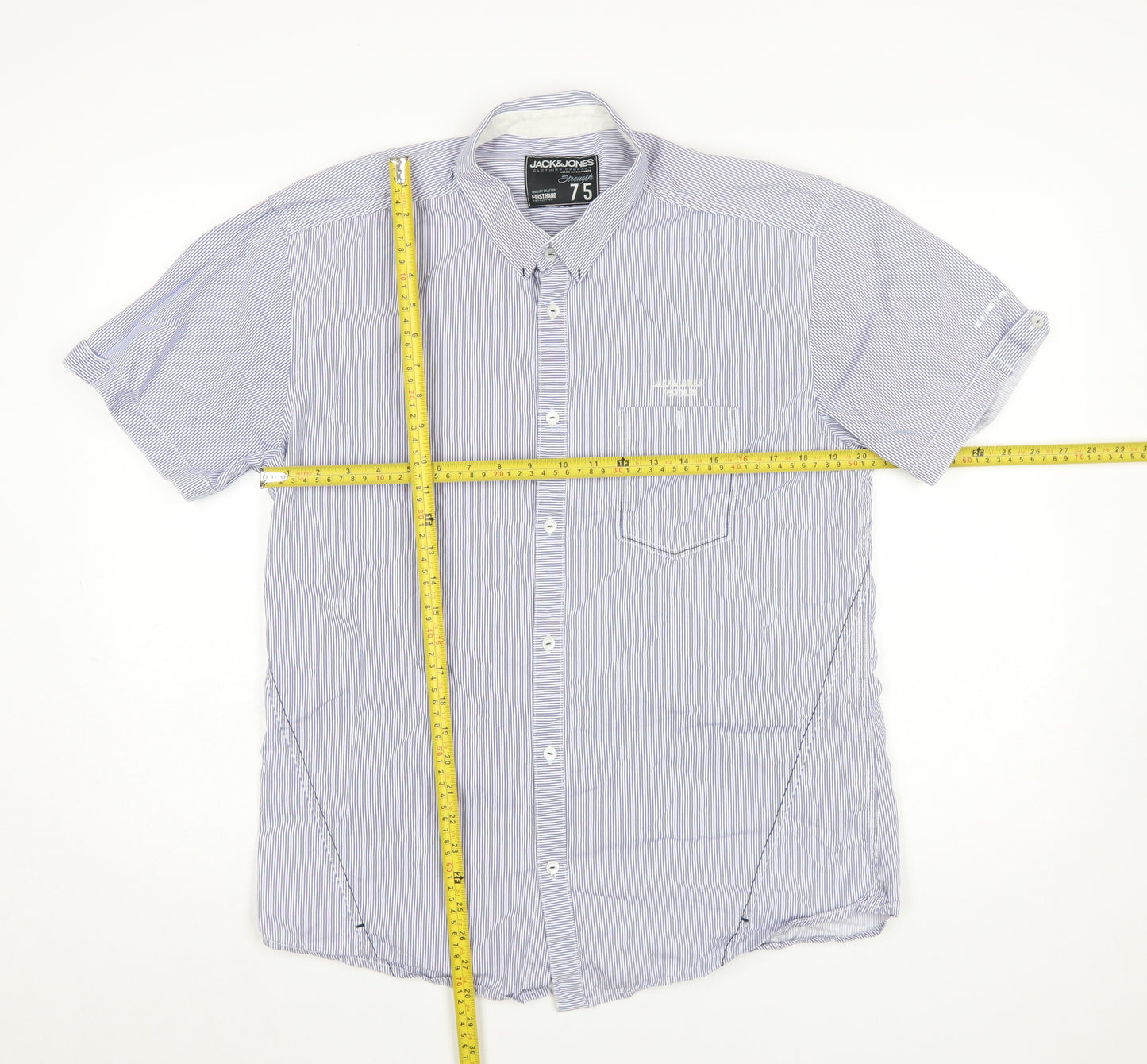 Jack & Jones Men's Blue Striped Short Sleeve Button-Up Shirt M