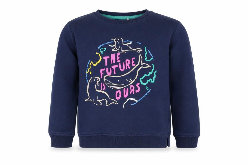 Front view of Marks & Spencer boys’ blue 6-7 years pullover sweatshirt ‘the future is ours’ graphic