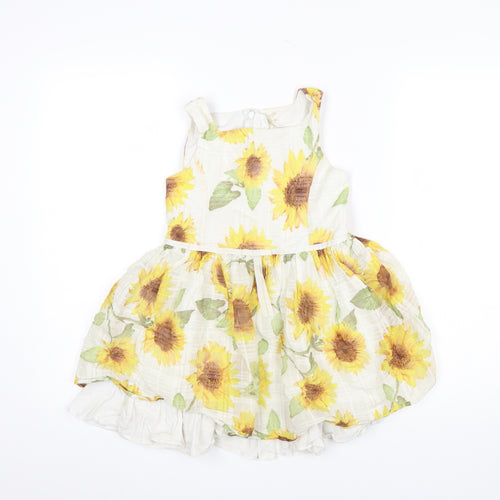 Next Girls White Sunflower A-Line Cotton Blend Dress 7 Years