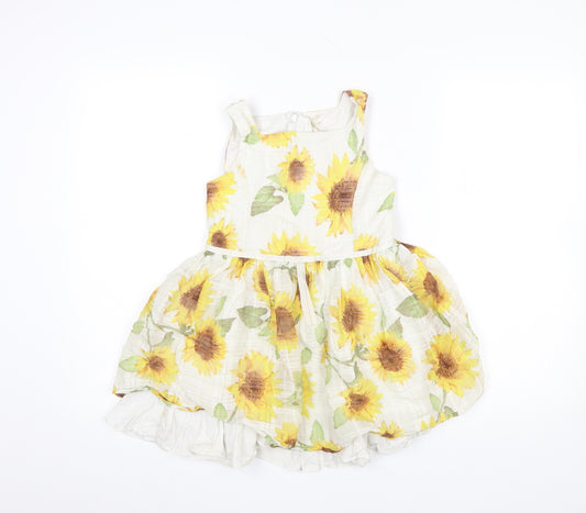 Next Girls White Sunflower A-Line Cotton Blend Dress 7 Years