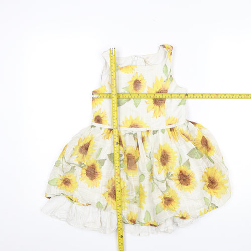 Next Girls White Sunflower A-Line Cotton Blend Dress 7 Years