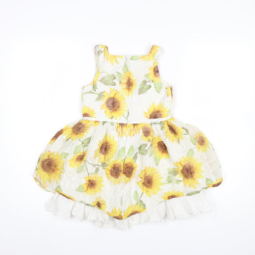 Next Girls White Sunflower A-Line Cotton Blend Dress 7 Years