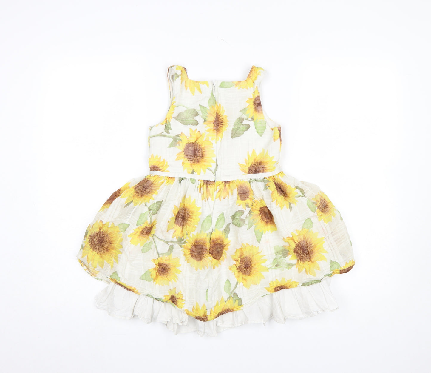 Next Girls White Sunflower A-Line Cotton Blend Dress 7 Years
