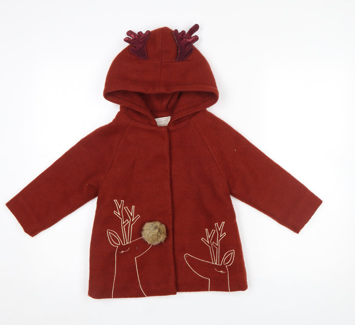 TONG MO Girls Red Wool Blend Hooded Reindeer Christmas Coat Age 3 Years