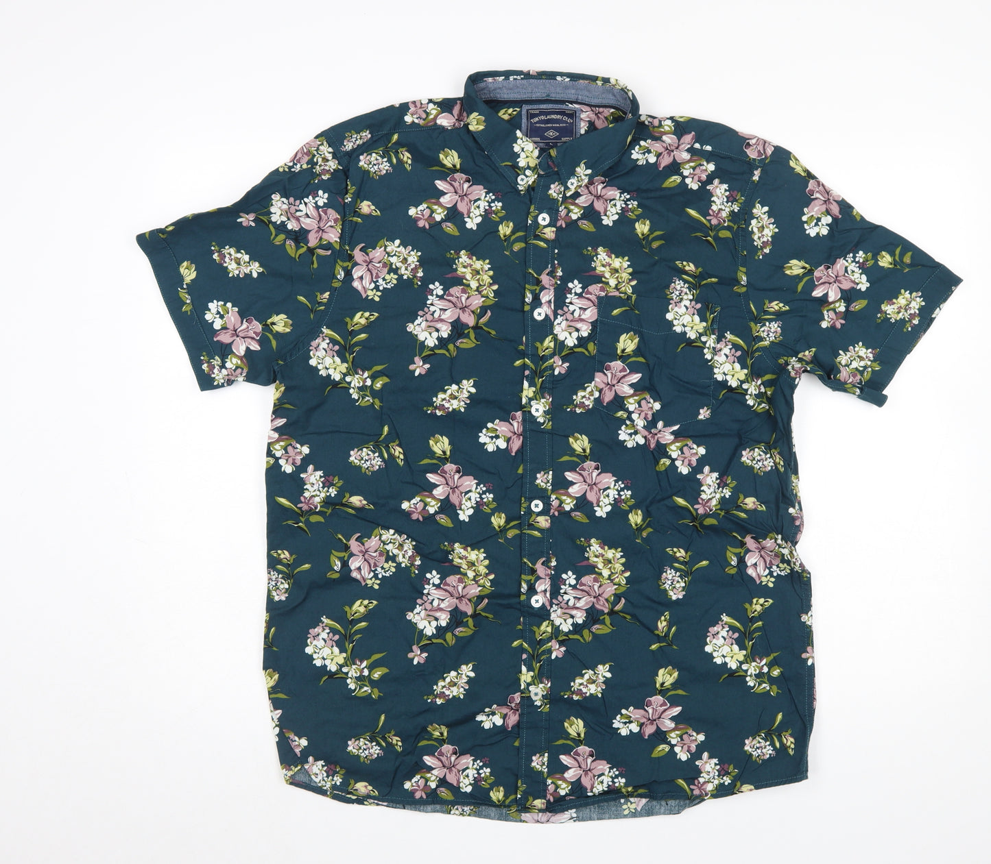 Tokyo Laundry Men's Green Floral Short Sleeve Cotton Button-Up Shirt L