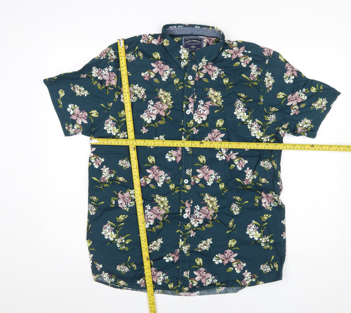 Tokyo Laundry Men's Green Floral Short Sleeve Cotton Button-Up Shirt L