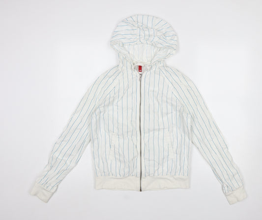 H&M Divided Women White Striped Hooded Zip Jacket Size 10