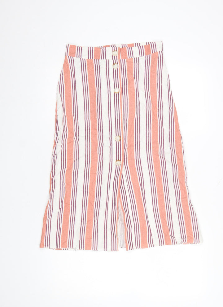 Primark Women’s Orange Striped Button Midi A-Line Skirt Size 10