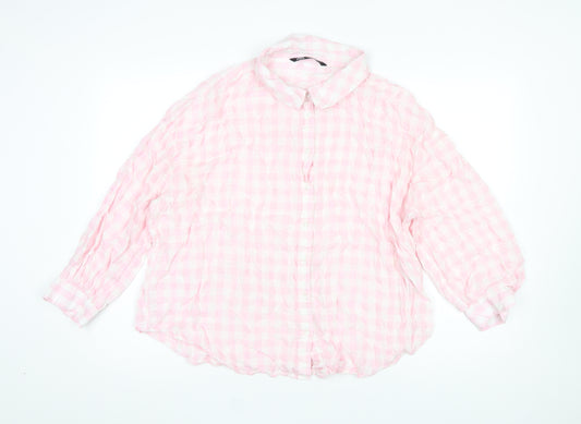 ZARA Women Pink Check Collared Long Sleeve Button-Up Shirt Size 14