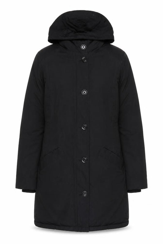 Front view of Jigsaw Women's Black Long Hooded Down Coat, size 8