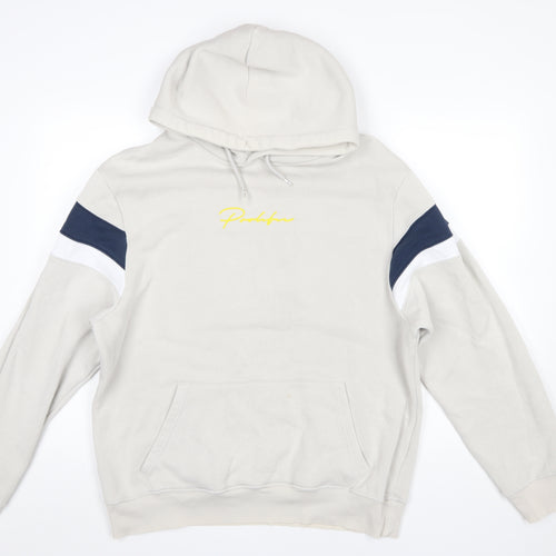 River Island Men’s Beige Hoodie L Pullover Fleece Logo Hooded Sweatshirt